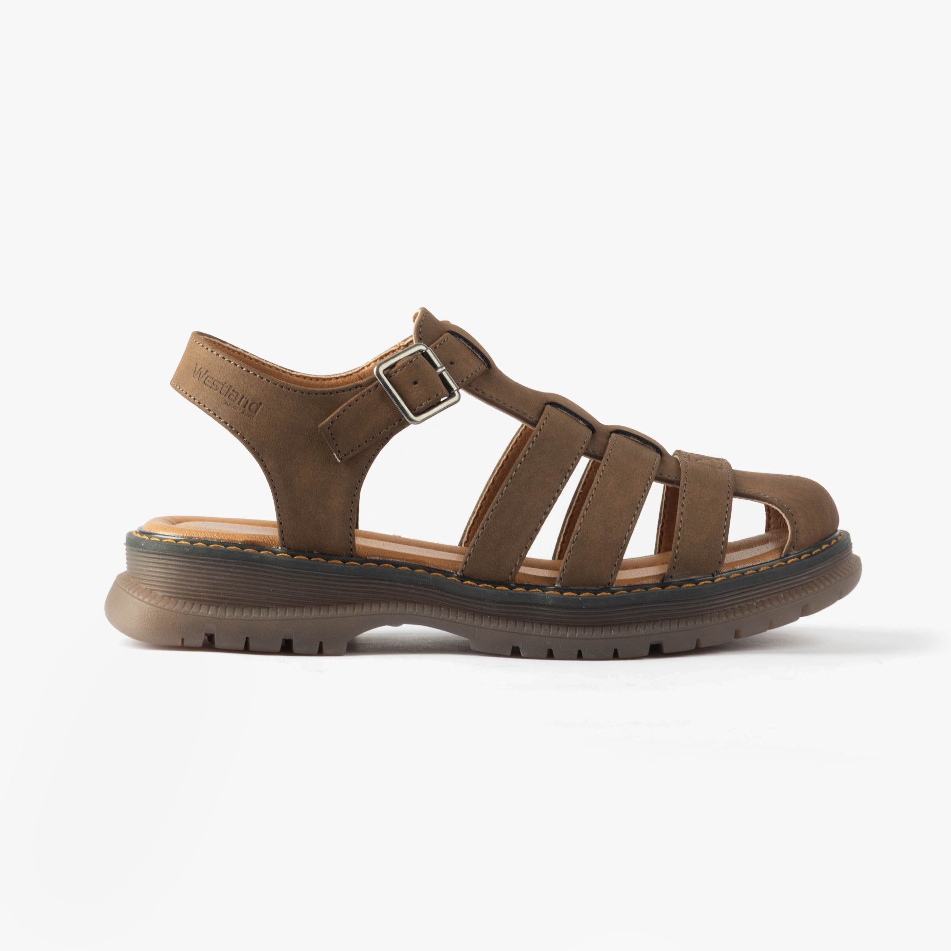 Westland PEYTON 09 Womens Sandals Brown side view showcasing faux leather upper and buckle closure.