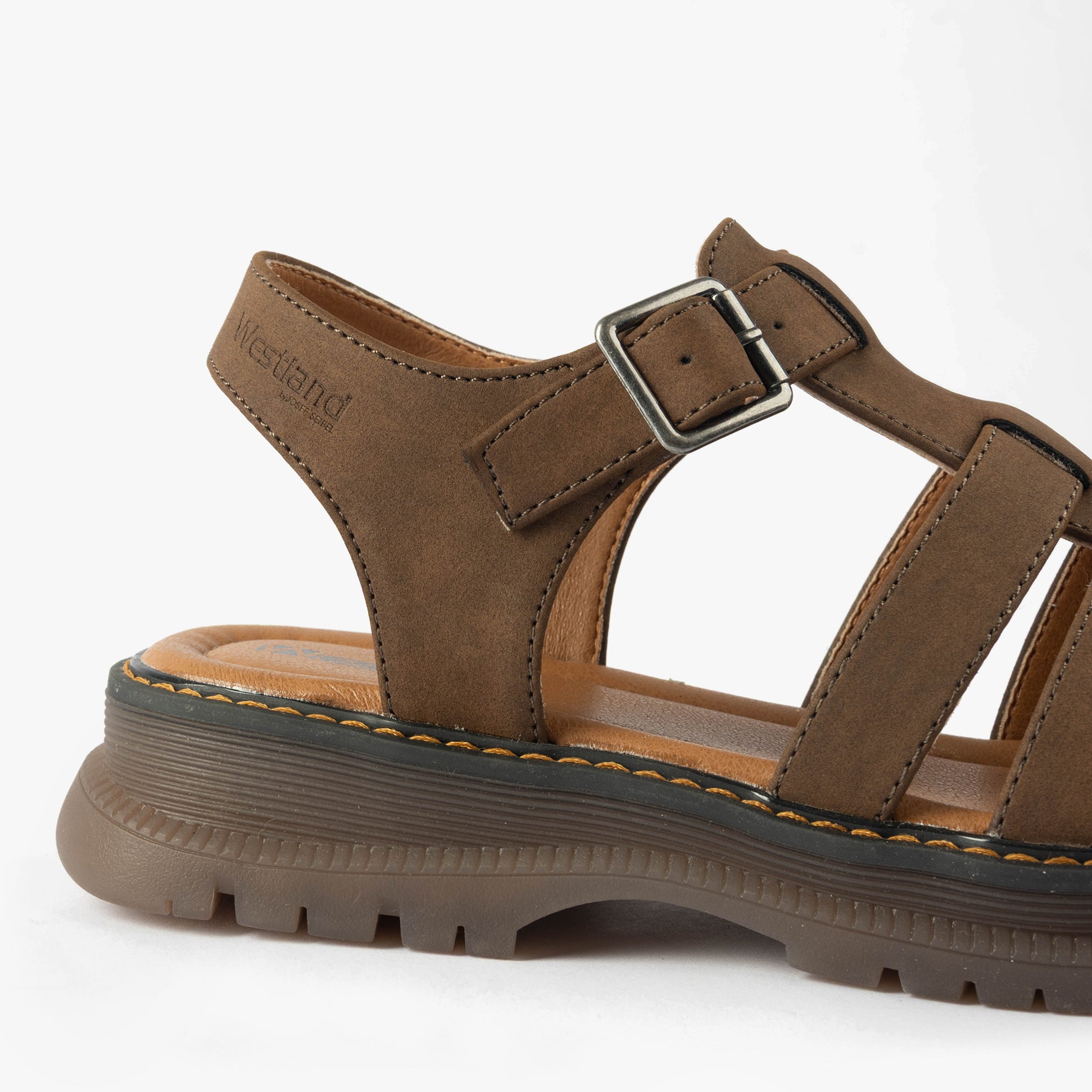 Westland PEYTON 09 Womens Sandals Brown side view featuring buckle closure and faux leather upper.
