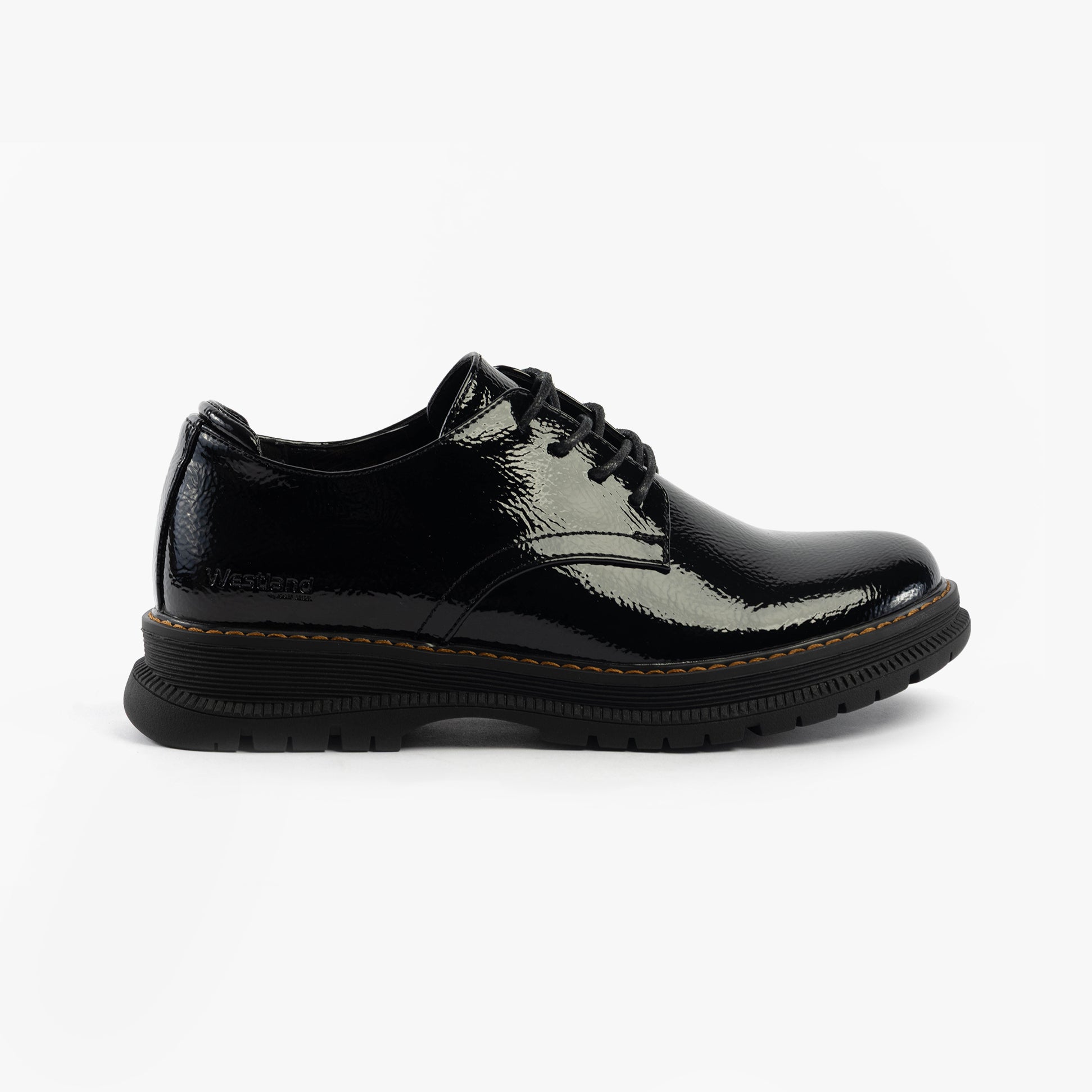 Westland PEYTON 10 Womens Shoes Black Patent side view showcasing the patent leather upper and lace-up design.