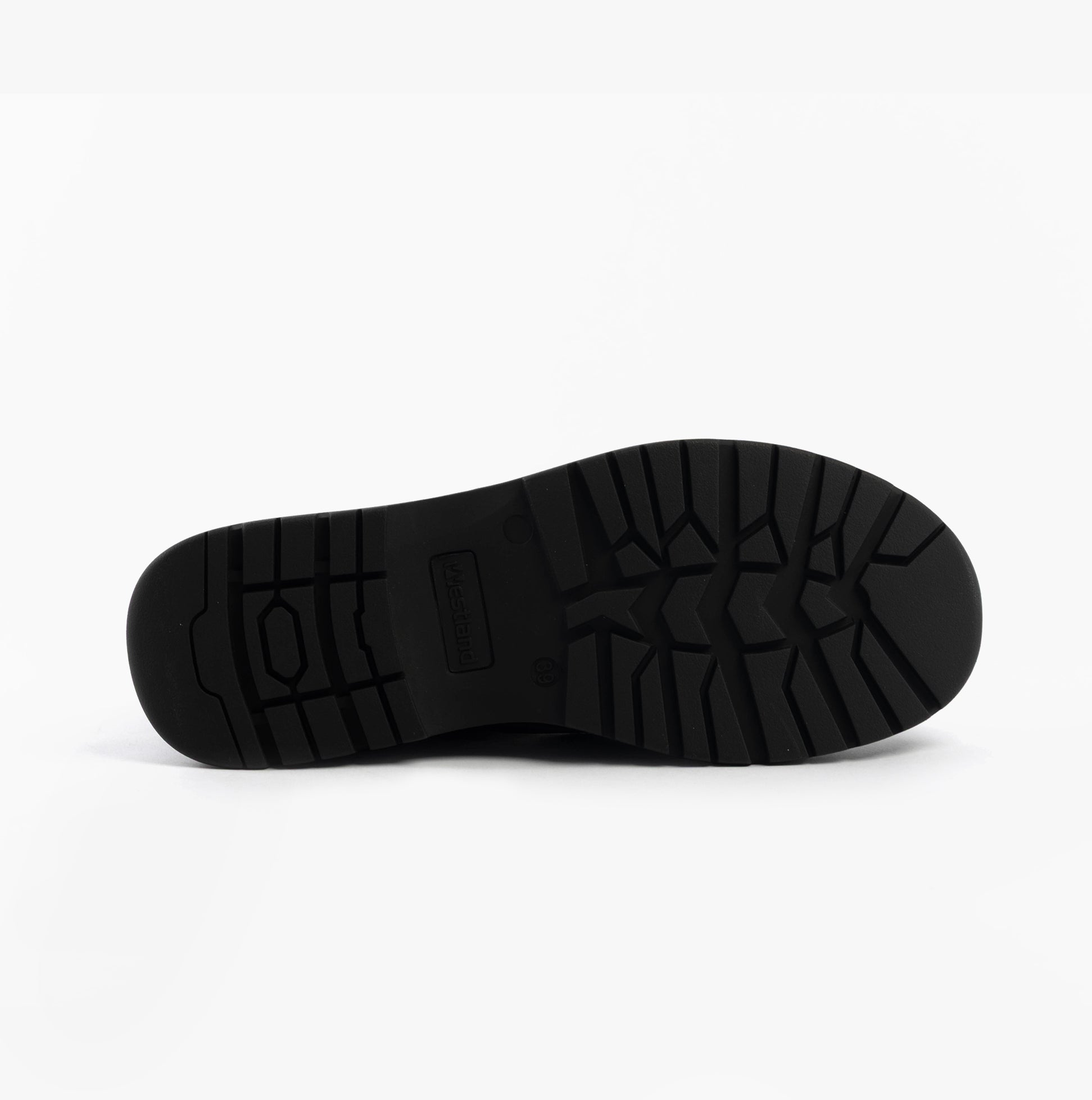 Westland PEYTON 10 Womens Shoes Black Patent sole view showcasing the rubber sole design and texture.