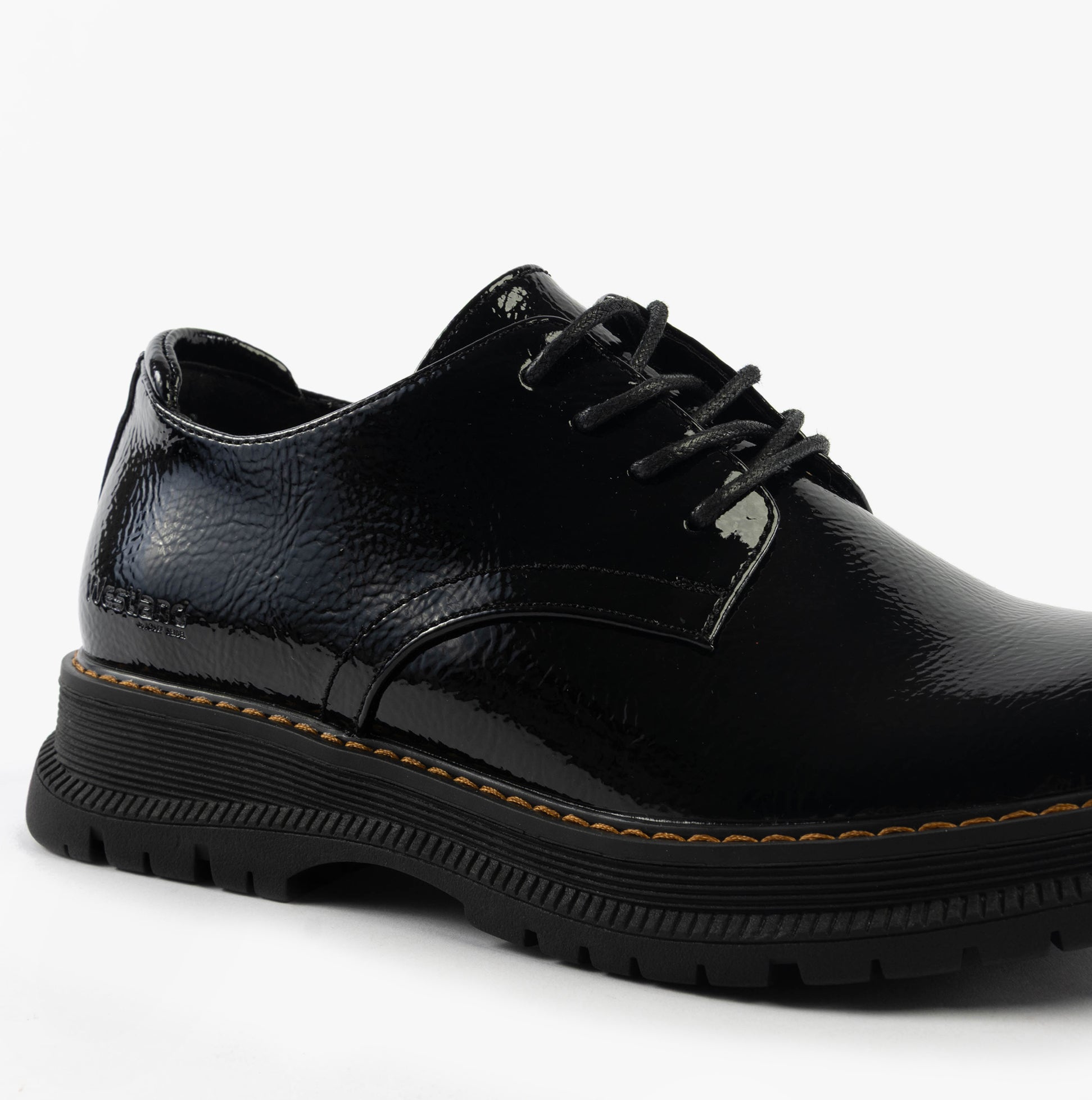 Westland PEYTON 10 Womens Shoes Black Patent side view showing glossy patent leather and lace-up design.