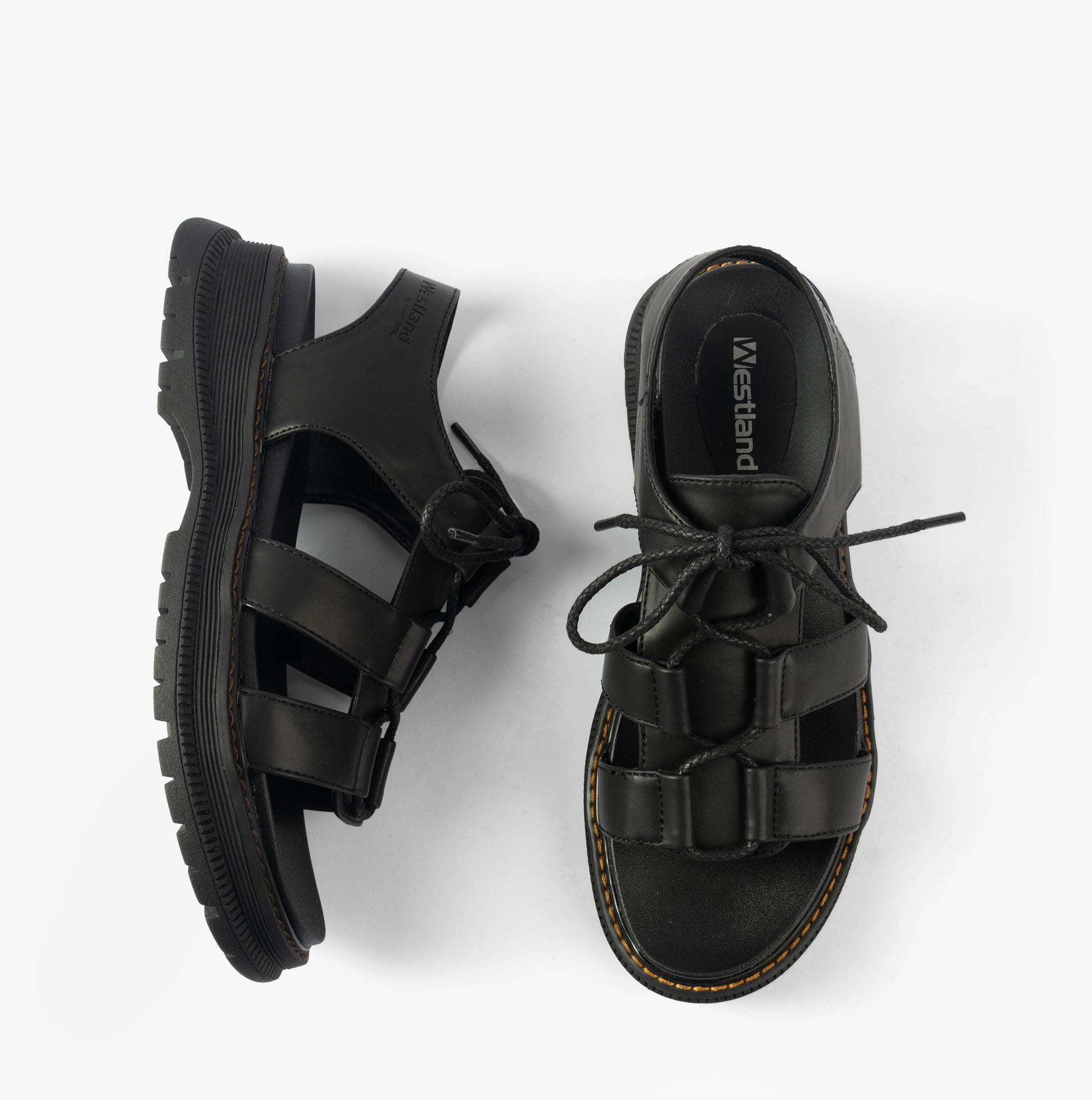 Westland PEYTON 14 Womens Sandals Black top view showing faux leather upper and lace-up design.