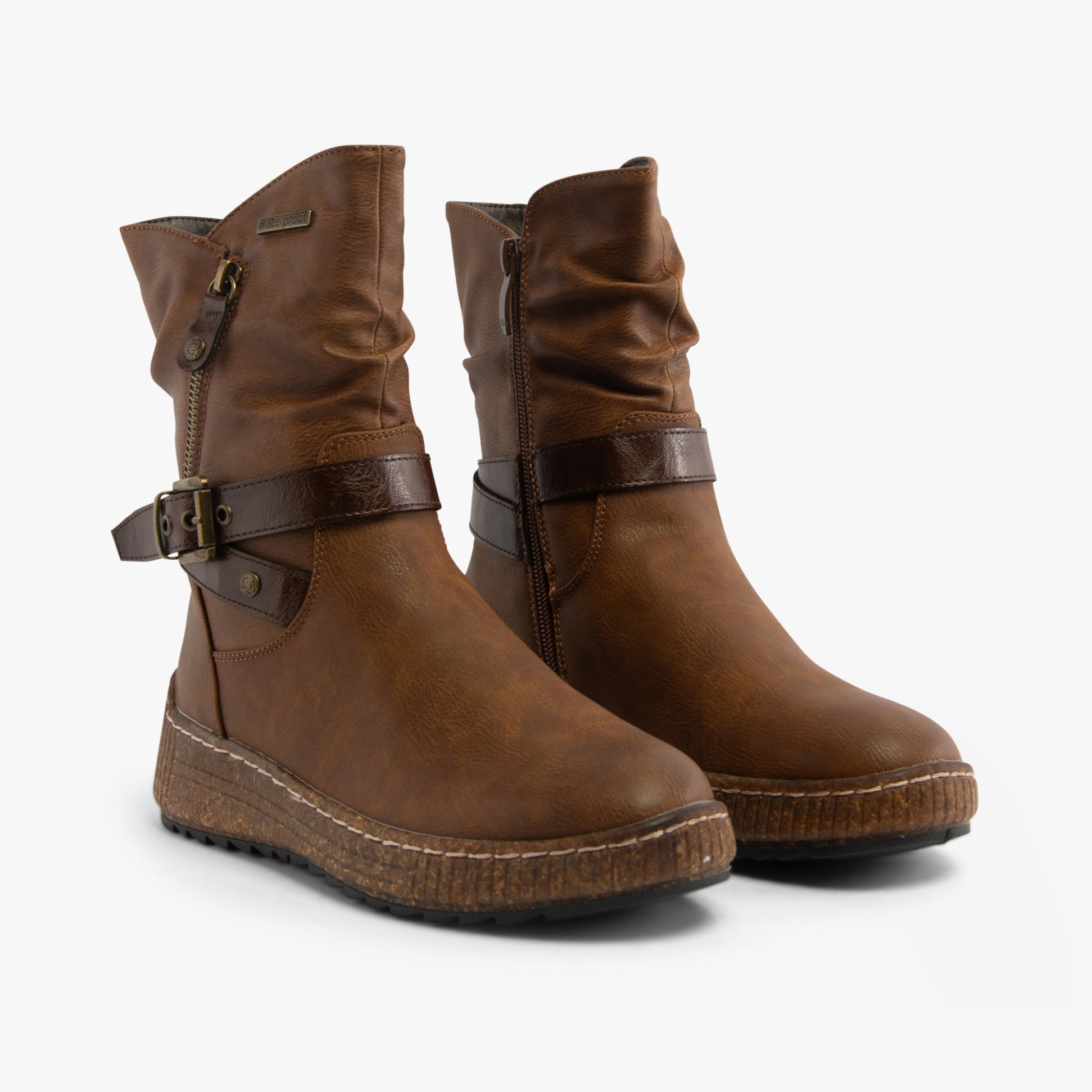 Westland WYNDI 01 Womens Boots Brandy Kombi side view showing ankle height, synthetic upper with buckle and strap details.