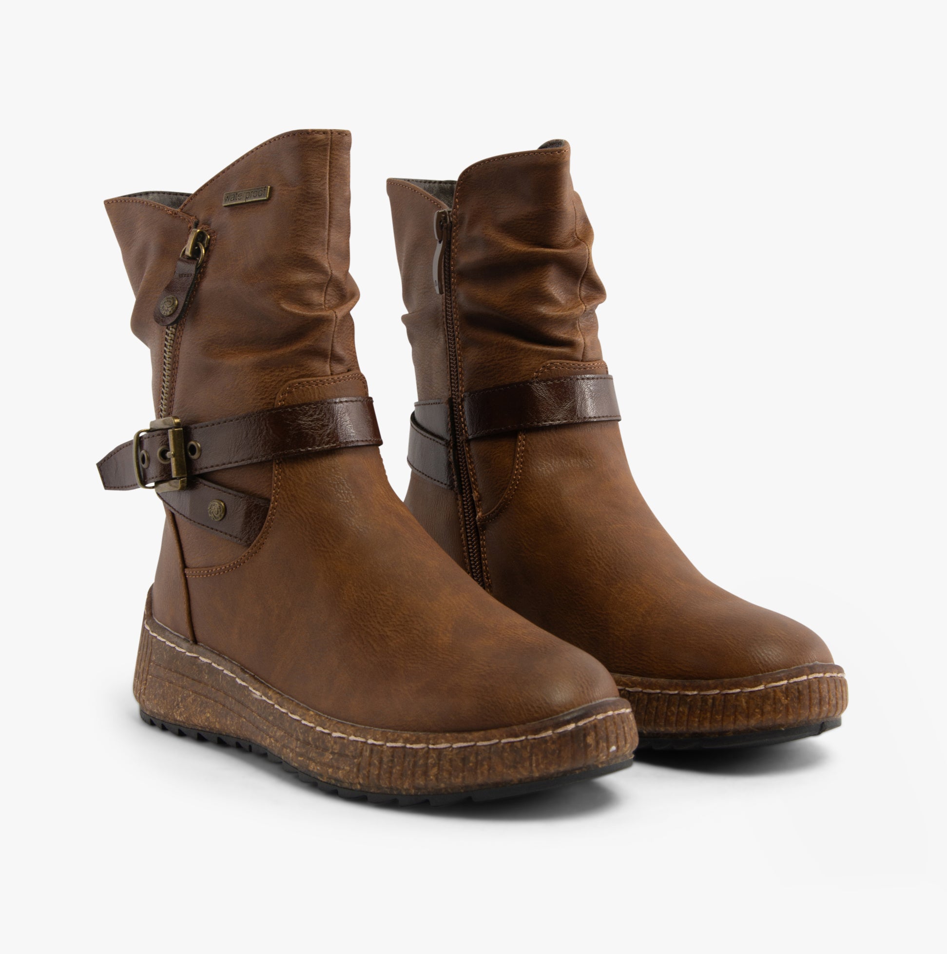 Westland WYNDI 01 Womens Boots Brandy Kombi side view showing ankle height, synthetic upper with buckle and strap details.