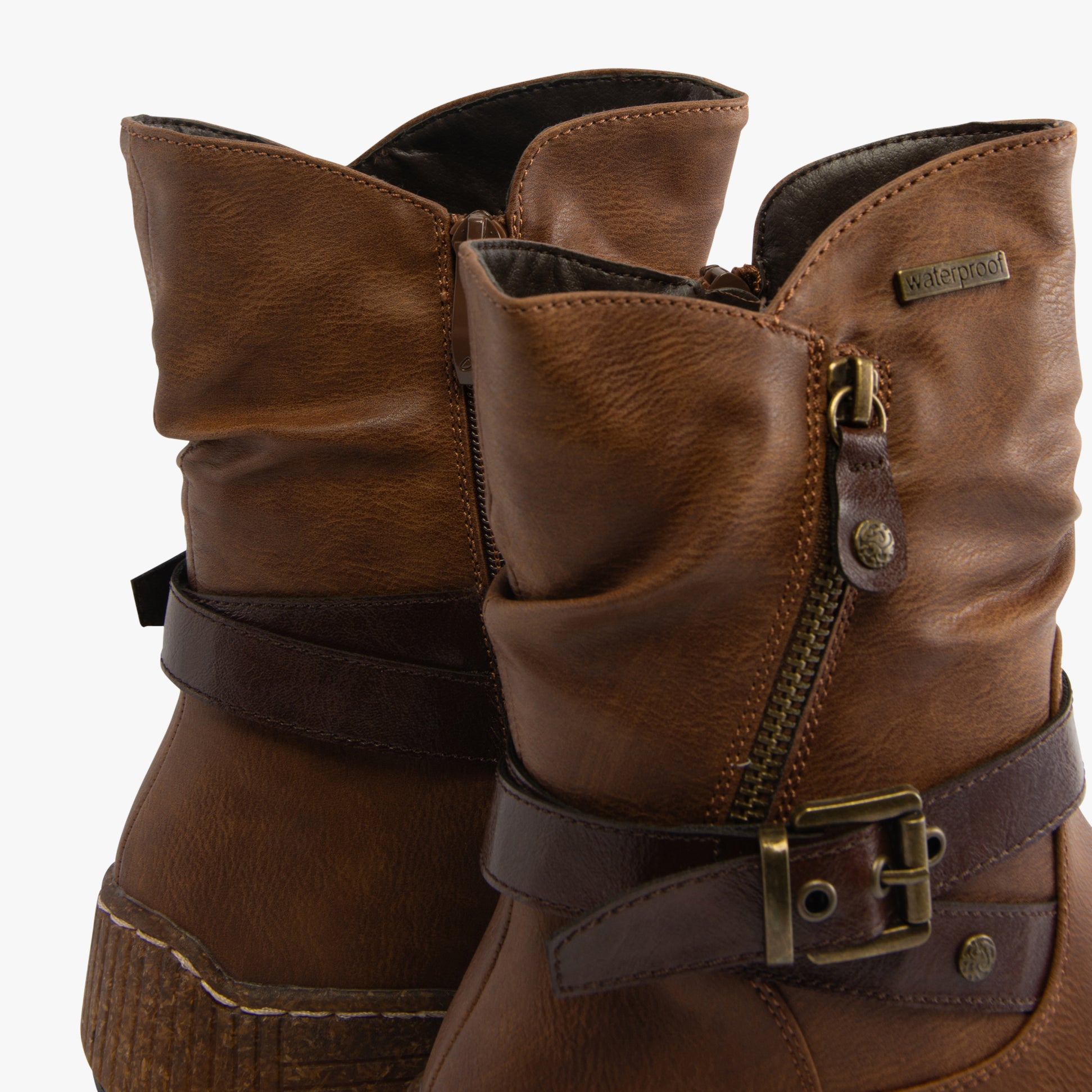 Westland WYNDI 01 Womens Boots Brandy Kombi detail view of the waterproof ankle boots with a zip closure and decorative belt.