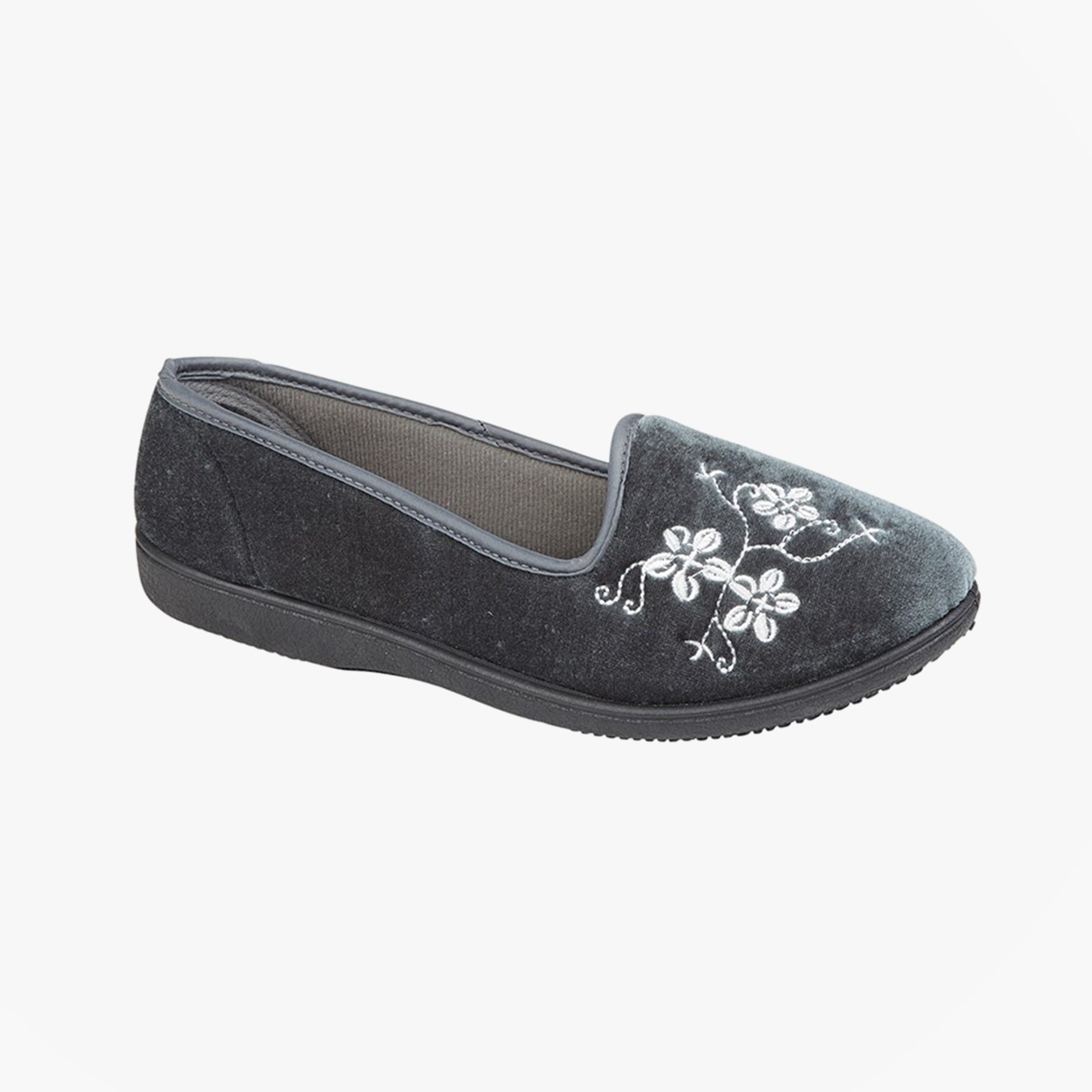 Zedzzz JENNY Womens Full Slippers Slippers Grey side view featuring floral embroidery and round toe design.