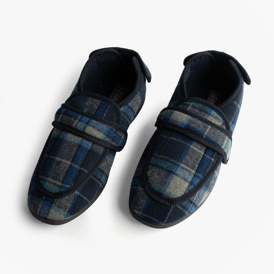 Zedzzz PETER Mens Touch Fasten/Velcro Slippers Navy Blue Check