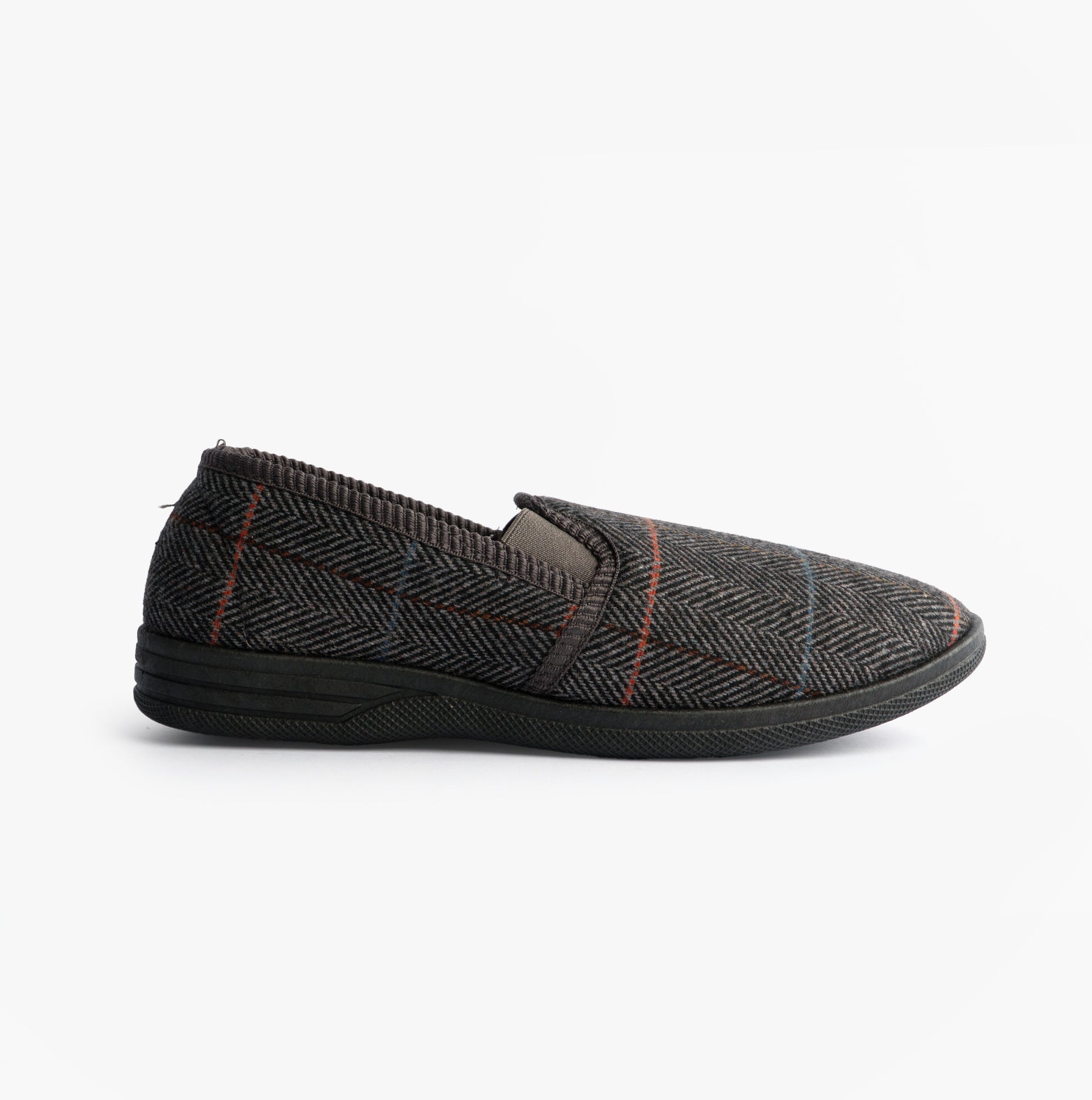 Zedzzz KENNY Mens Full Slippers Slippers Grey side view showing textile upper and flat sole design