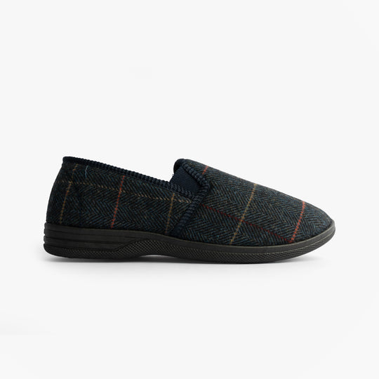 Zedzzz KENNY Mens Full Slippers Slippers Navy side view of full slippers with textile upper and round toe.