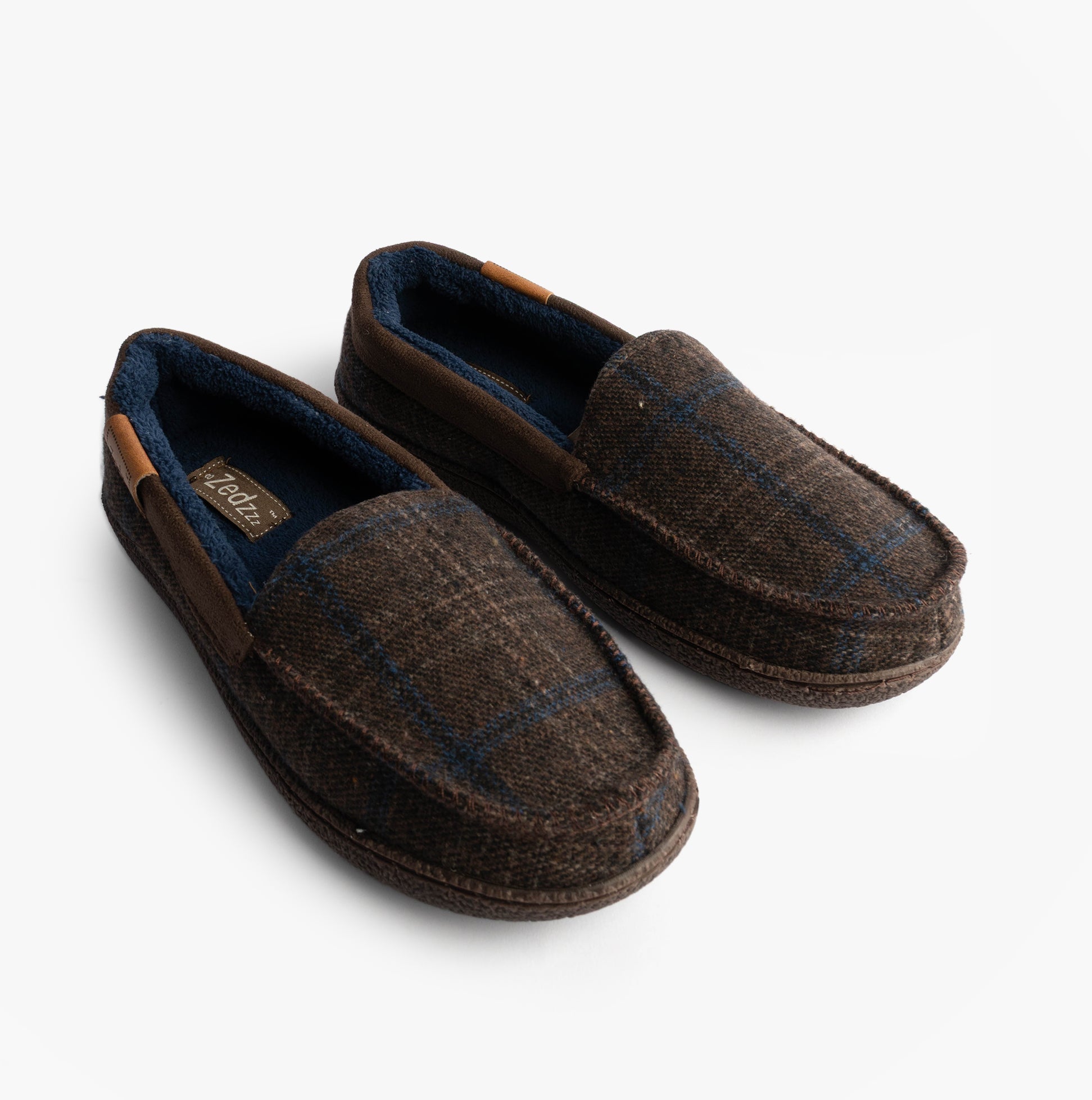 Zedzzz NEVILLE Mens Moccasins Slippers Brown front view showing textile upper and blue lining.