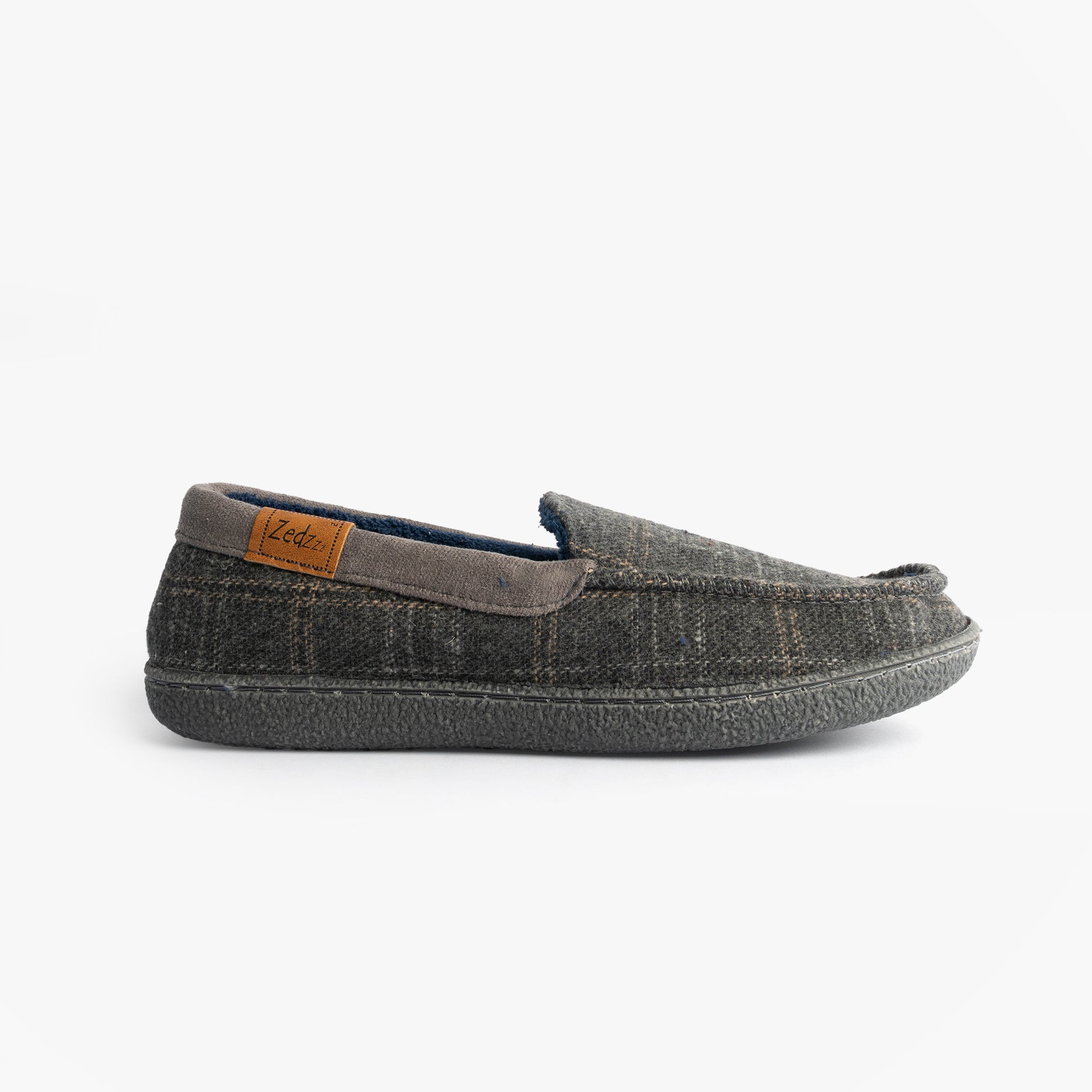 Zedzzz NEVILLE Mens Moccasins Slippers Grey side view showing textile upper and low heel.