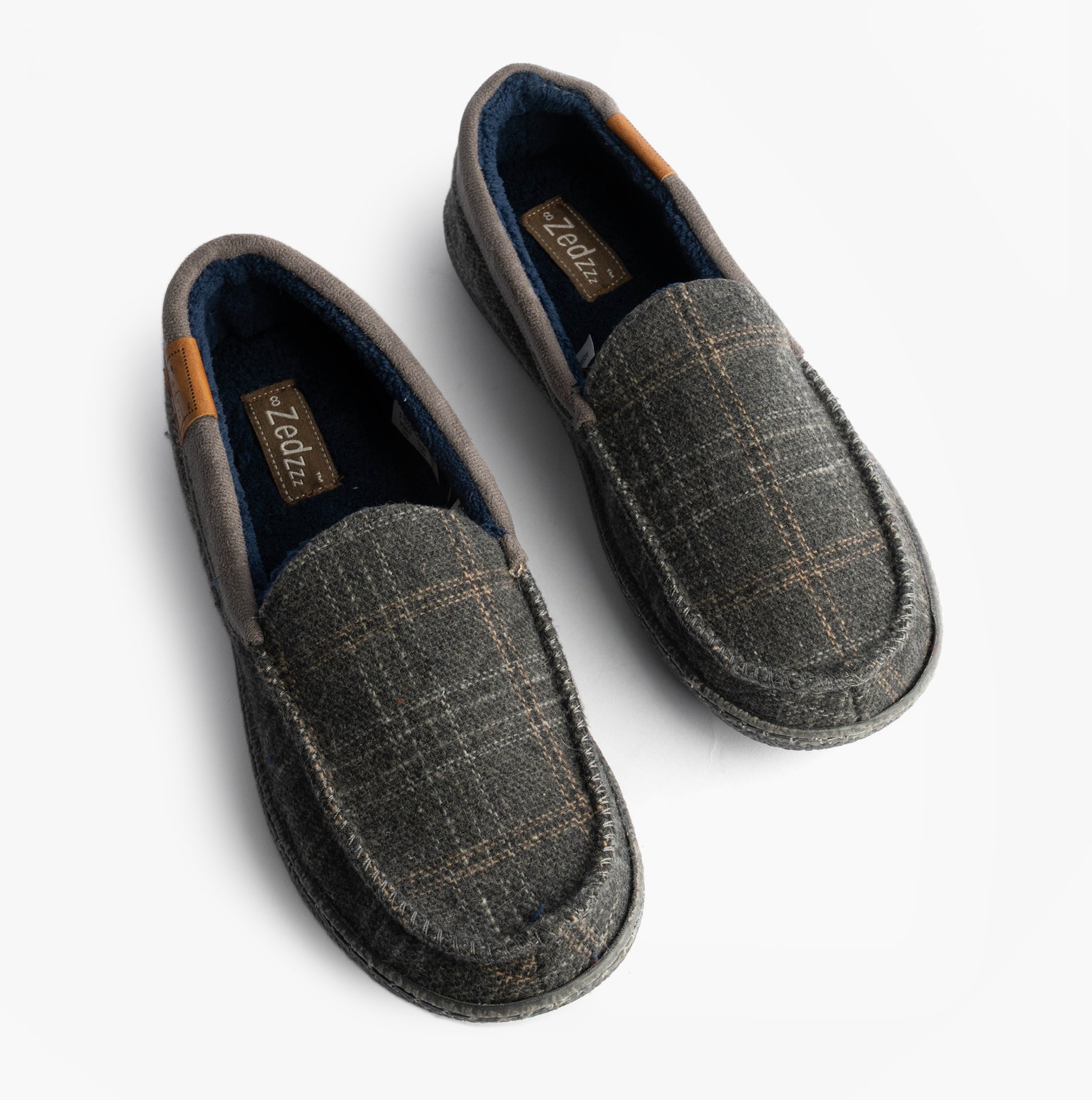 Zedzzz NEVILLE Mens Moccasins Slippers Grey top view showcasing textured fabric and slip-on design.