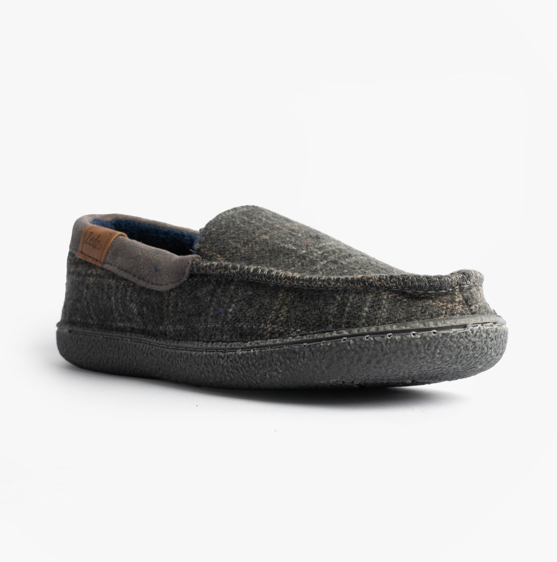 Zedzzz NEVILLE Mens Moccasins Slippers Grey side view showcasing the textile upper and TPR sole.