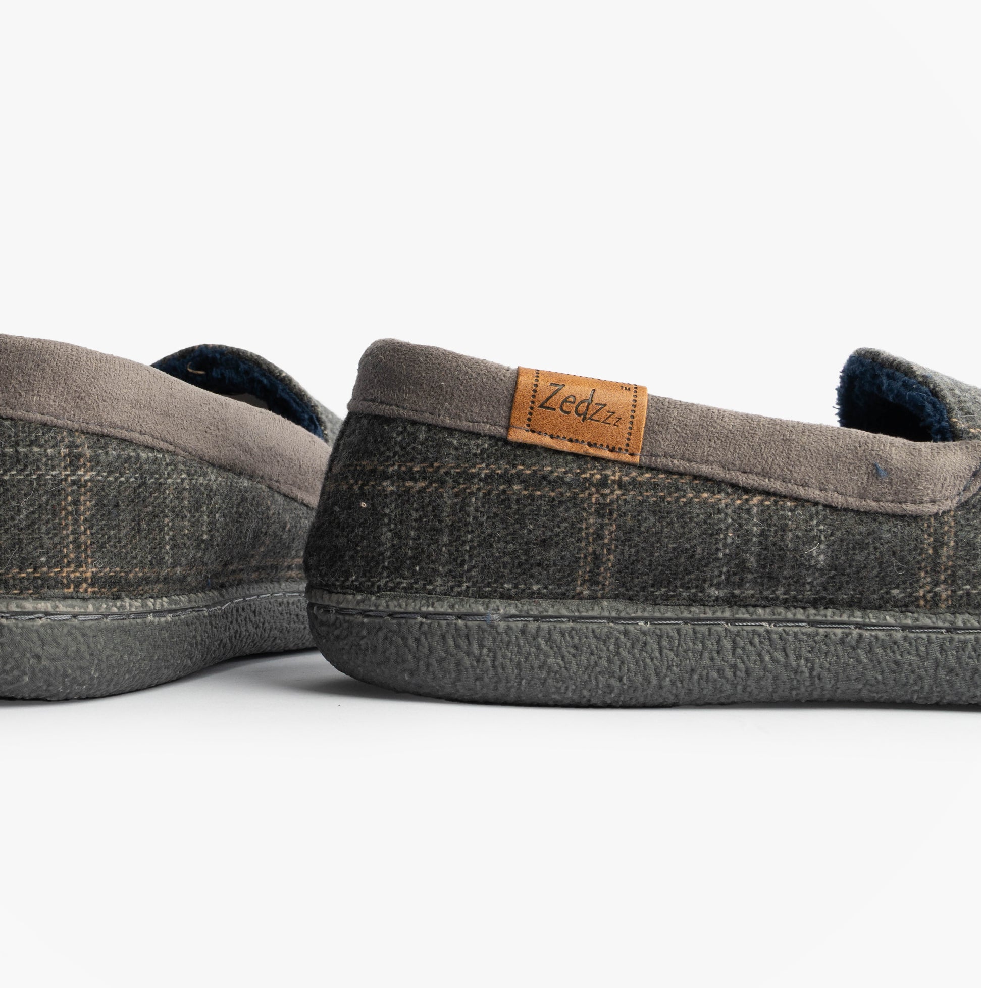 Zedzzz NEVILLE Mens Moccasins Slippers Grey side view showing textile upper and TPR sole details.