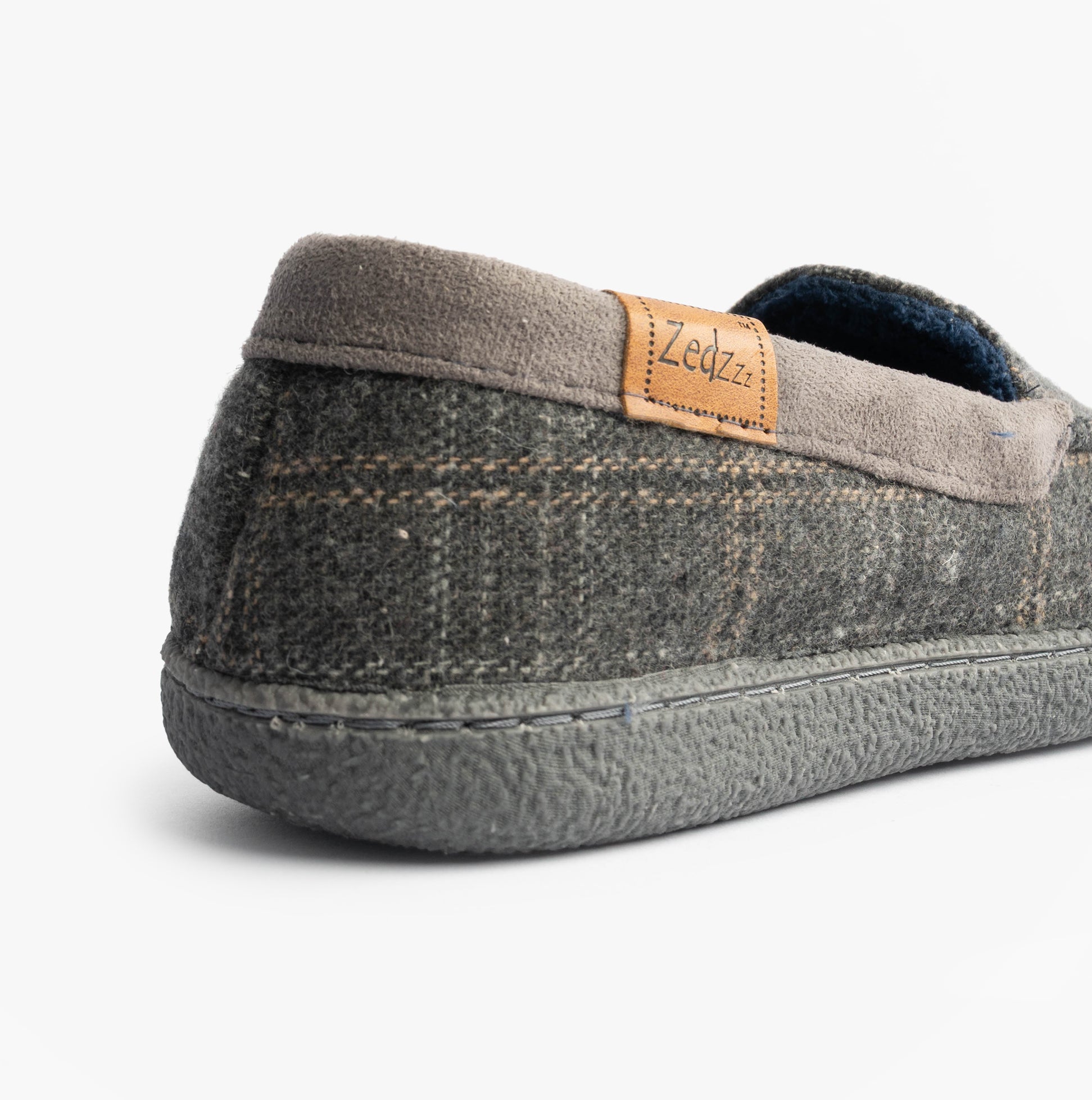 Zedzzz NEVILLE Mens Moccasins Slippers Grey rear view showcasing soft textile upper and TPR sole.