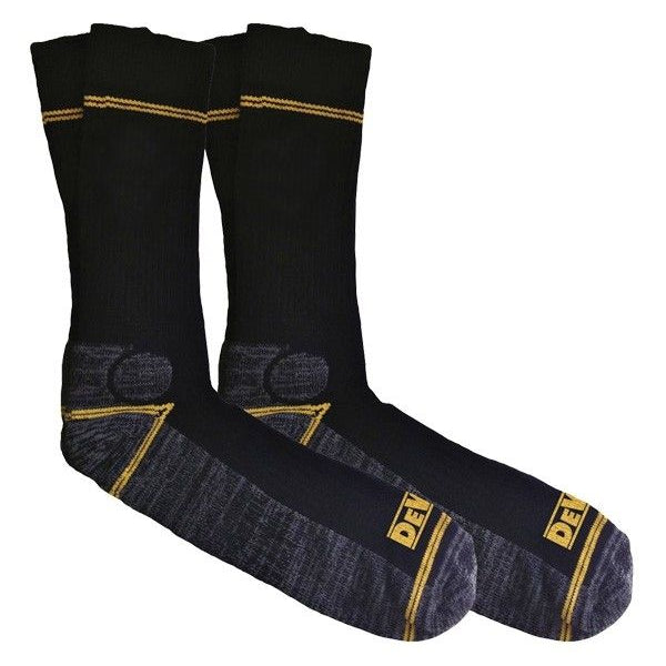 Dewalt HYDRO Unisex Socks Black/Yellow side view showing crew length design with wool and acrylic blend.