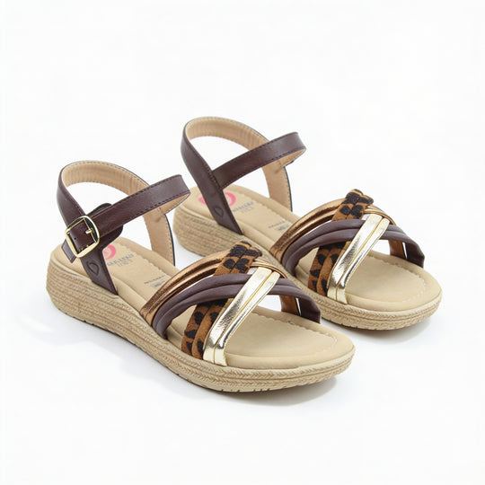 Heavenly Feet SYMPHONY Womens Ankle Strap Sandals Chocolate/Leopard
