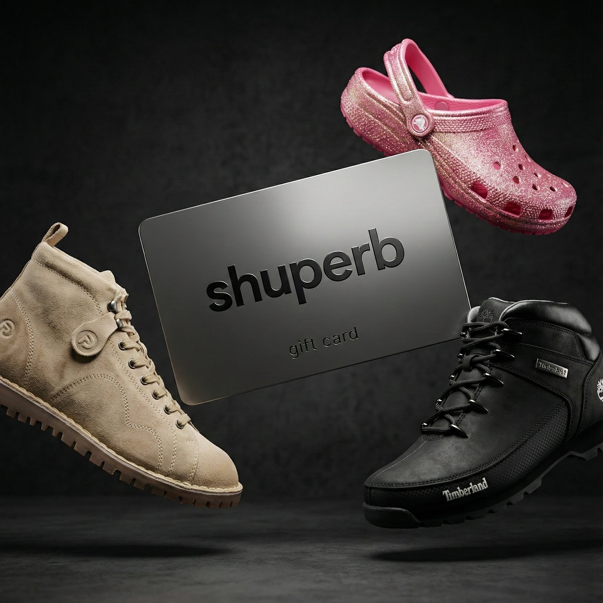 Shuperb Gift Card displayed with stylish trainers and accessories in a dynamic floating arrangement.