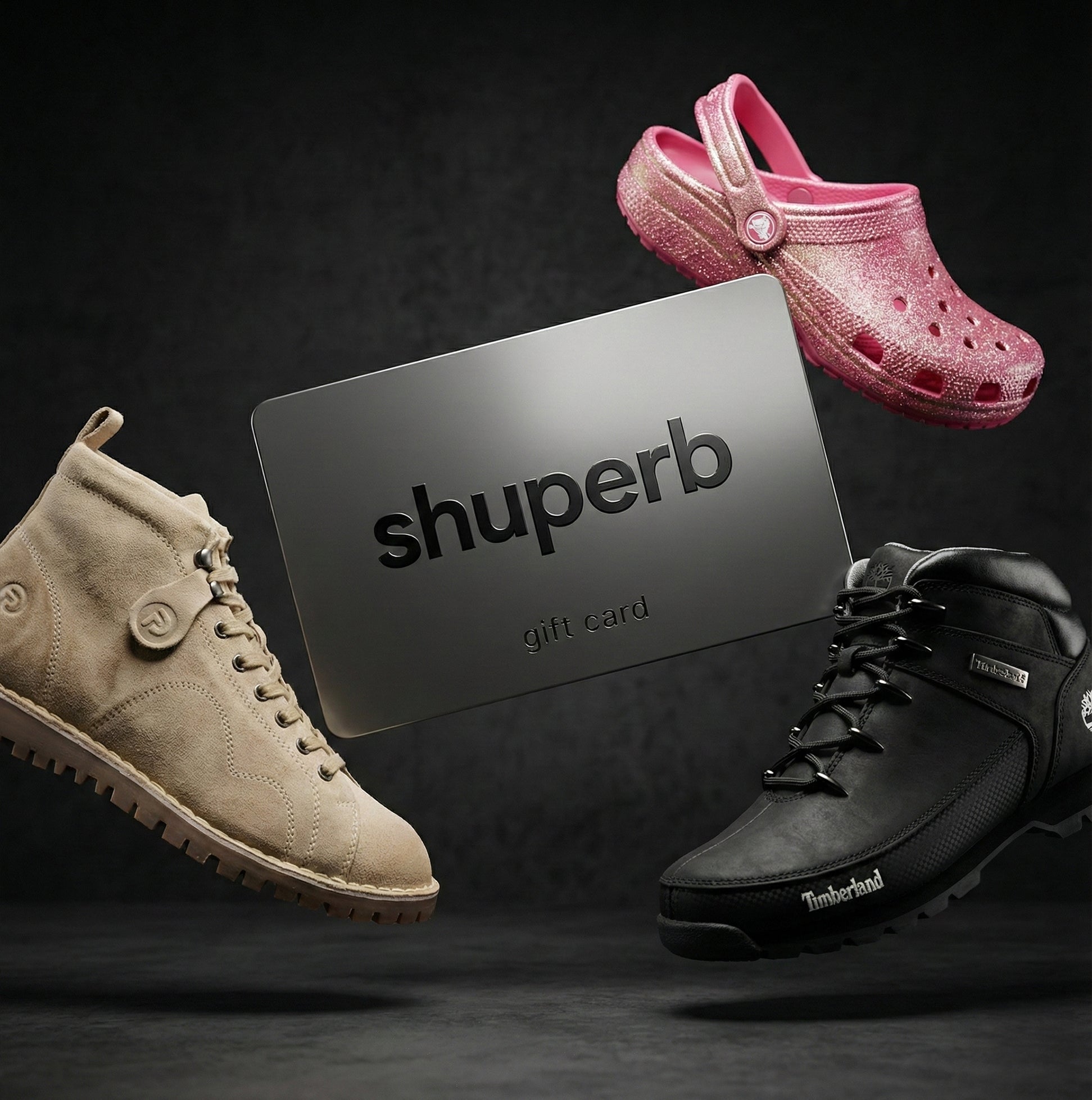 Shuperb Gift Card displayed with stylish trainers and accessories in a dynamic floating arrangement.