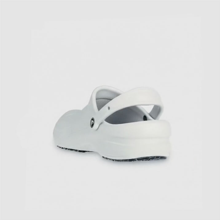 Crocs At Work BISTRO Unisex Slip-Resistant Work Clogs White back view showcasing slip-on design and comfort features.