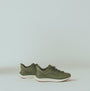 Kizik LONDON Mens Trainers Mayfly side view in olive green with lace-up closure and low-top design.