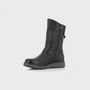 Heavenly Feet HANNAH4 Womens Mid Calf Boots Black side view showcasing biker style with a round toe and zip closure.