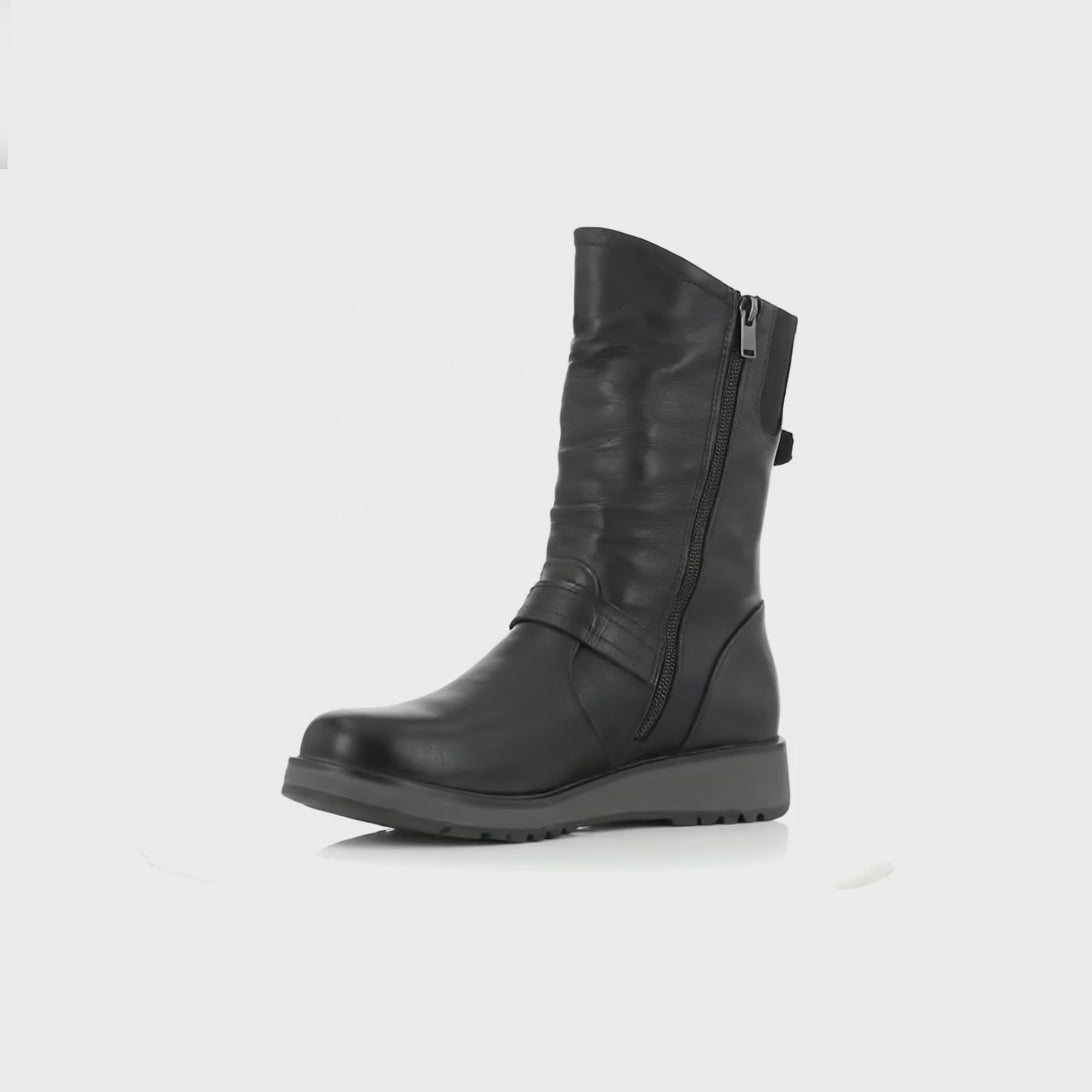 Heavenly Feet HANNAH4 Womens Mid Calf Boots Black side view showcasing biker style with a round toe and zip closure.