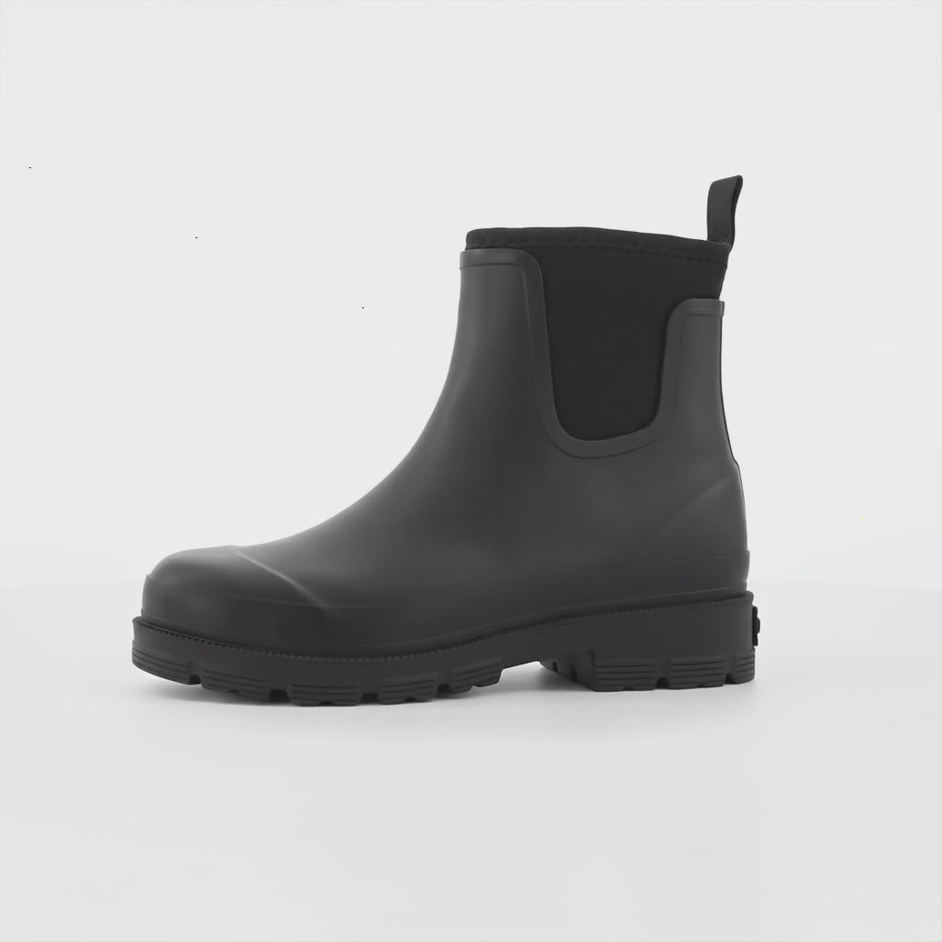 Mud Dogs BROOKE Womens Ankle Neoprene Wellies Black side view showcasing rubber ankle boots with a pull-on design.