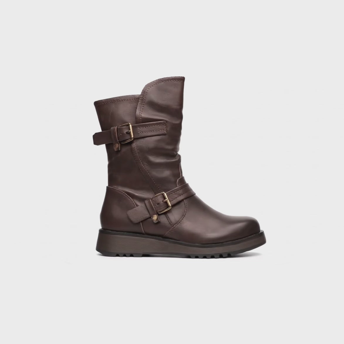 Heavenly Feet HANNAH4 Womens Mid Calf Boots Chocolate side view showcasing buckle details and low heel.