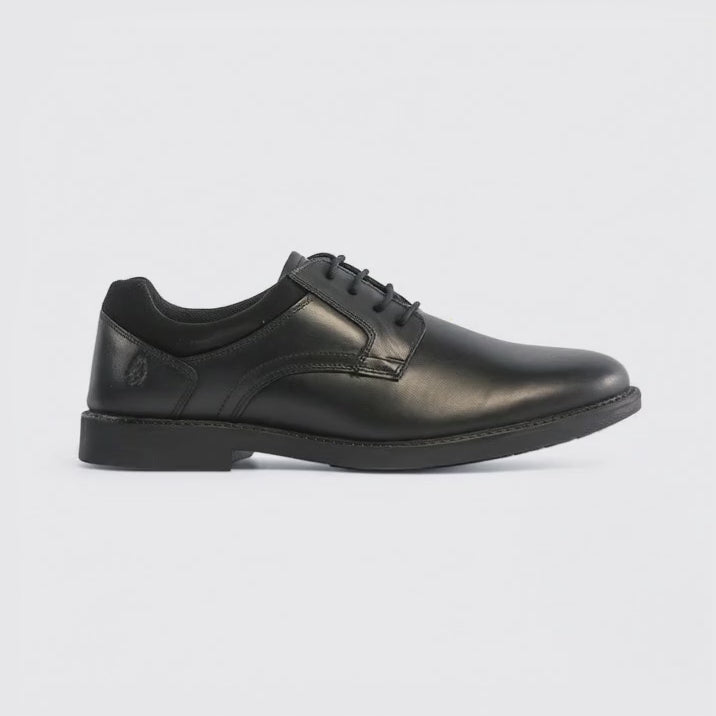 Hush Puppies TOMMY Boys Leather School Shoes Black side view showing lace-up design and rounded toe shape.