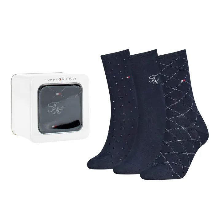 Tommy Hilfiger 3 Pack Giftbox Monogram Womens Crew Socks Navy