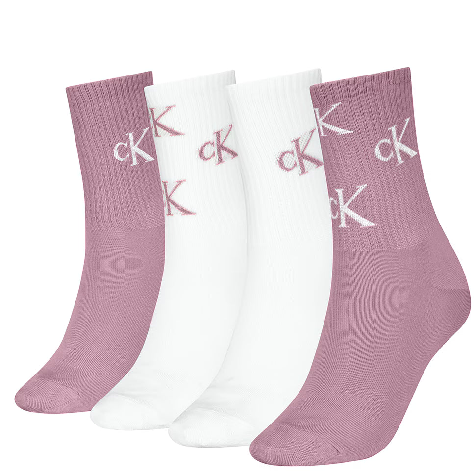 Calvin Klein 4 Pack Giftbox Lurex AOP Womens Crew Socks Vintage Plum/White