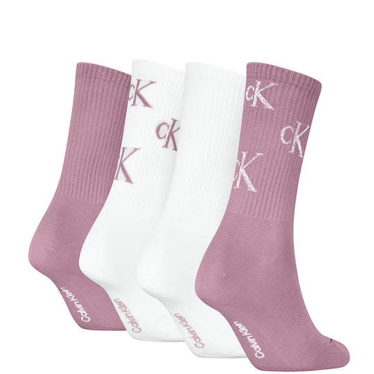 Calvin Klein 4 Pack Giftbox Lurex AOP Womens Crew Socks Vintage Plum/White
